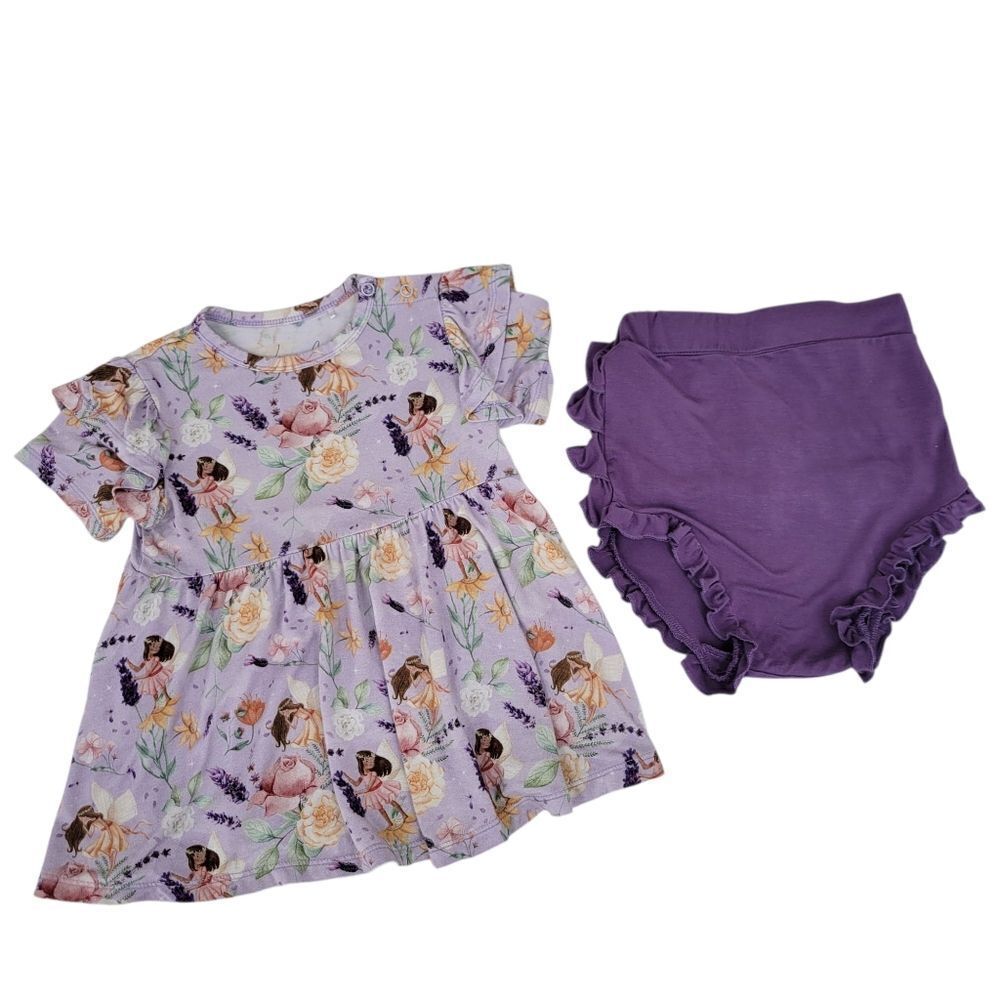 Laree + Co Bamboo Purple Floral Fairy Top Ruffle Sleeves Matching Bloomers Set